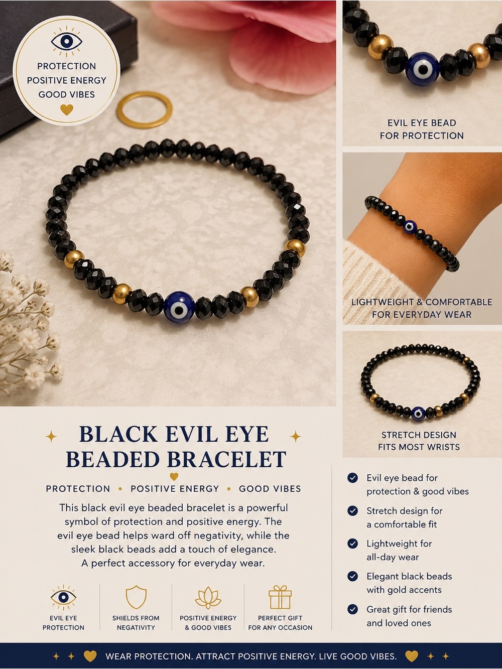 Black Evil Eye Beaded Bracelet with Gold Accents